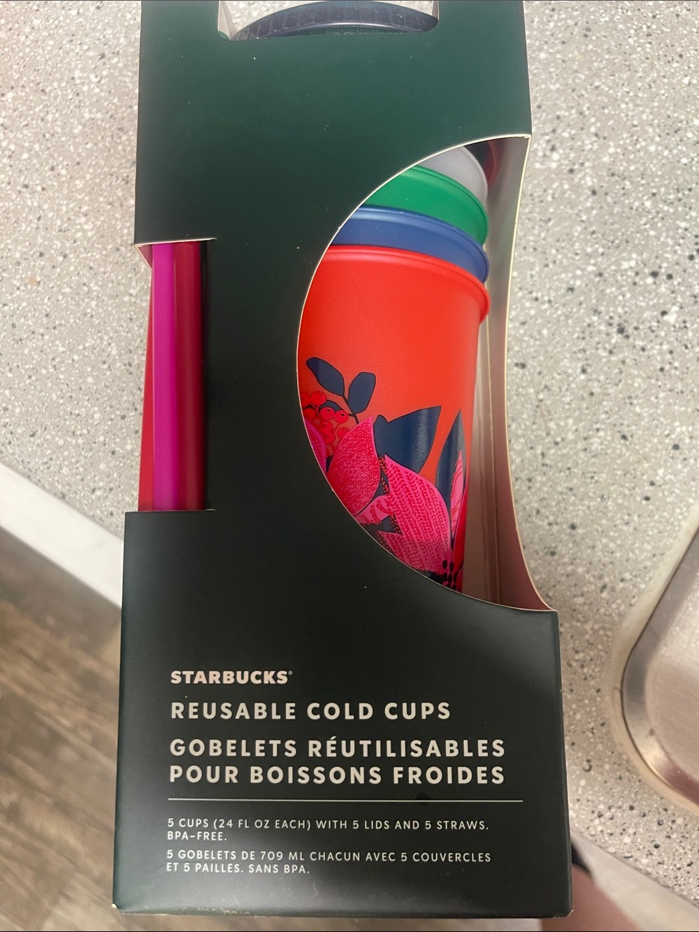 Starbucks Reusable Cold Cups with Orange Floral Cup and Multicolor Lids